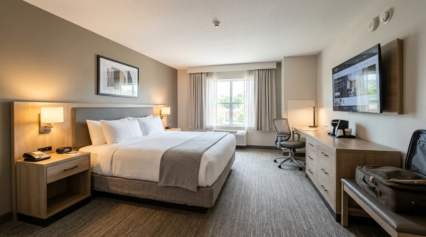 Hotel king guestroom with a full case goods package: headboard, nightstand, dresser, desk and luggage bench