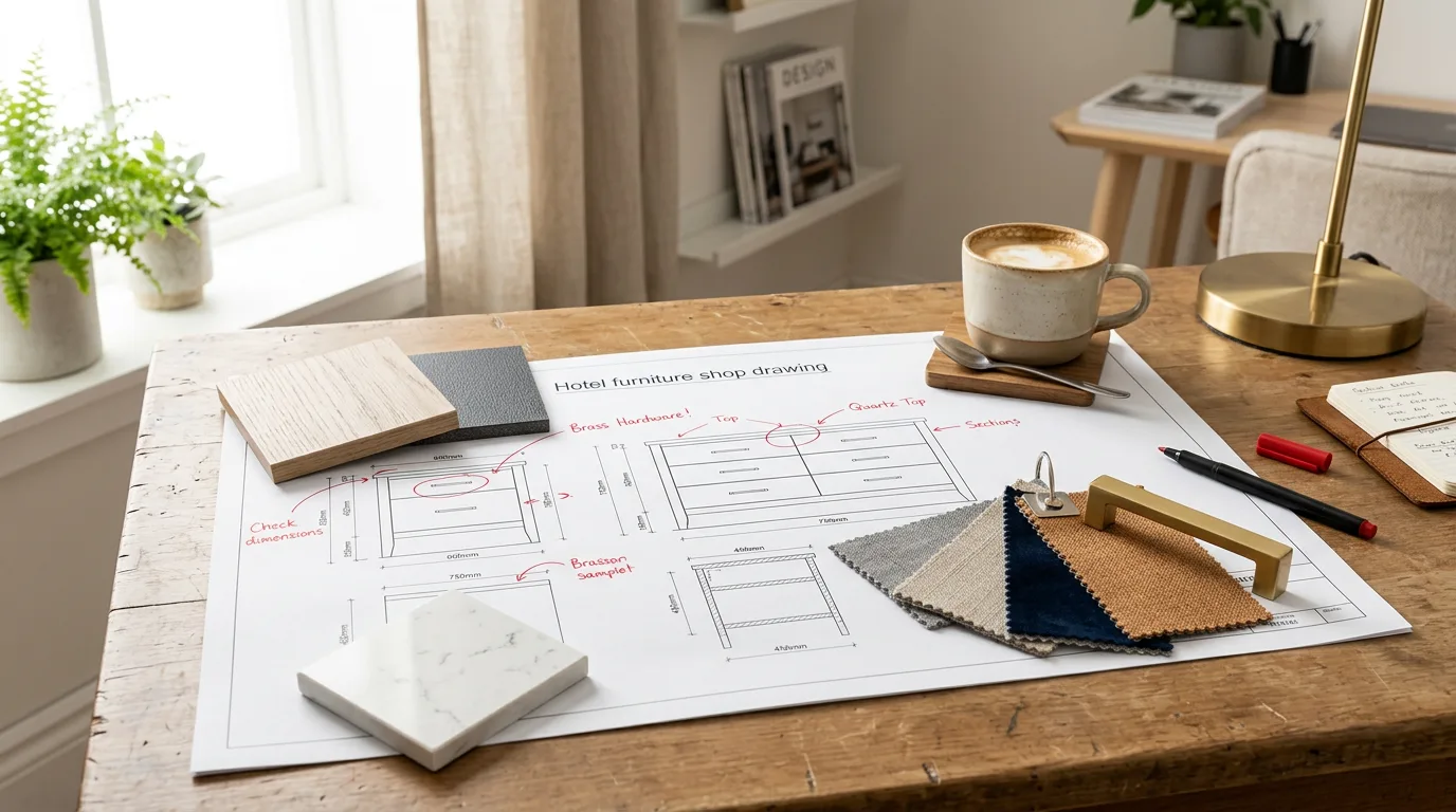 Hotel furniture shop drawing with red-pen markups, laminate and quartz finish samples and fabric swatches waiting for approval