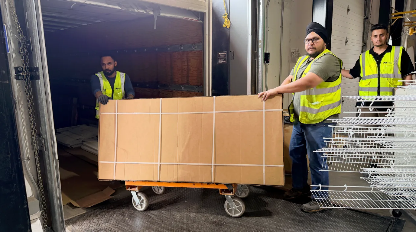 Three Nerval team members in high-visibility vests loading a wrapped furniture carton onto a truck at a warehouse dock