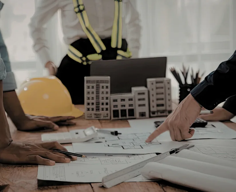 Hotel project team reviewing floor plans and building models on a table, with a hard hat alongside