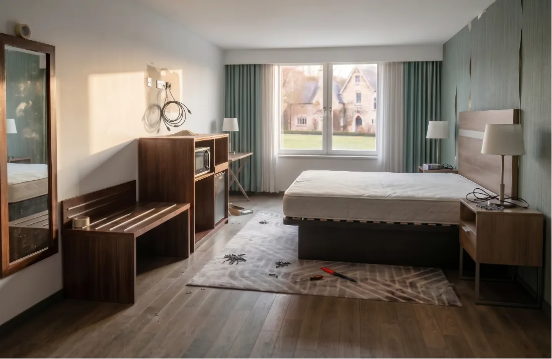 Unfinished hotel guestroom mid-install: case goods in place, bed without linens, tools and hardware left on the floor