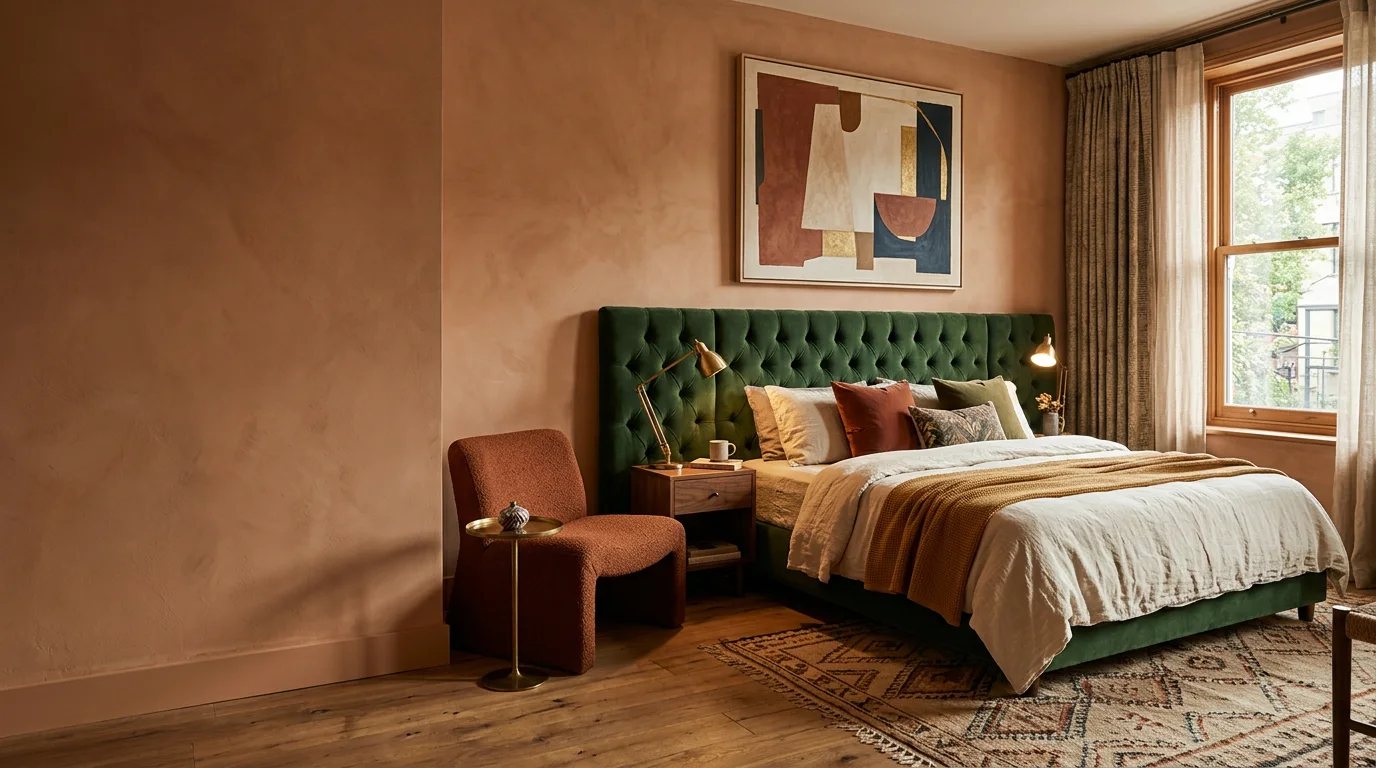 Boutique hotel guestroom with a green velvet headboard, walnut nightstand and bouclé lounge chair