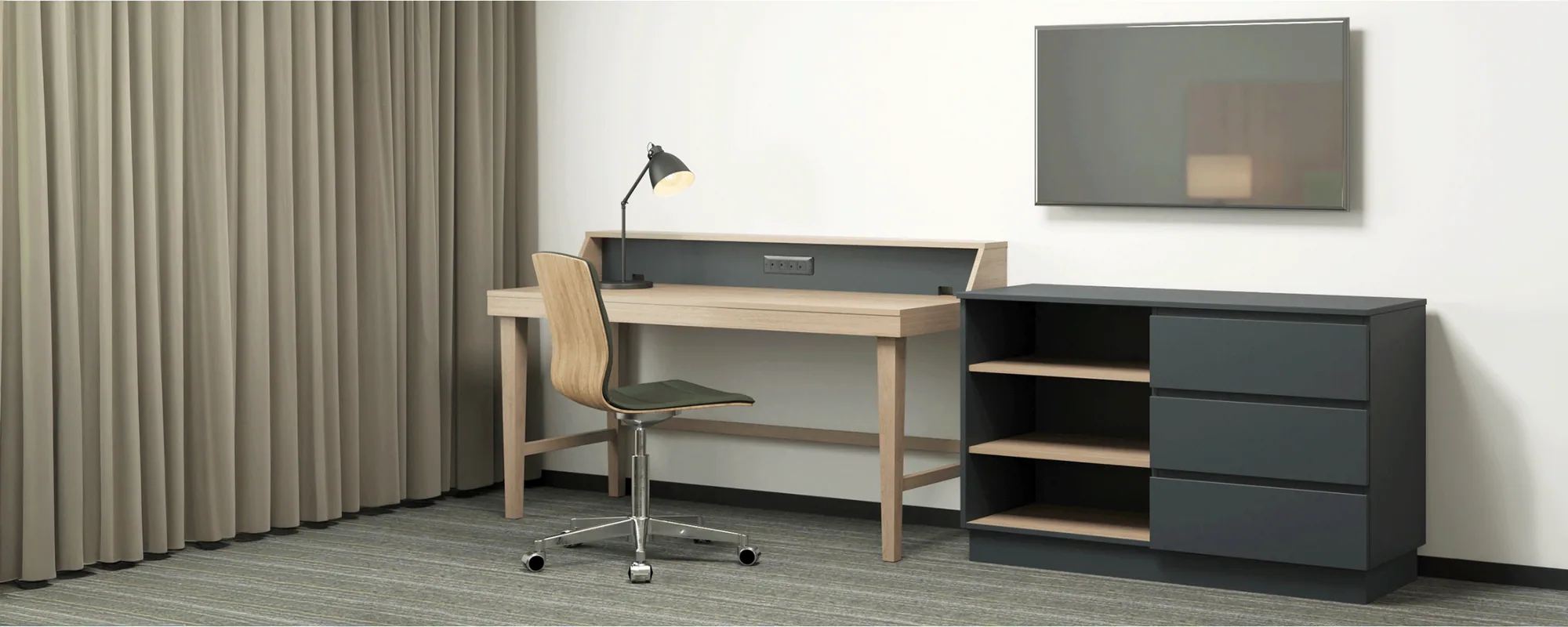 Hotel guestroom furnished with Nerval case goods — headboard, night tables and desk
