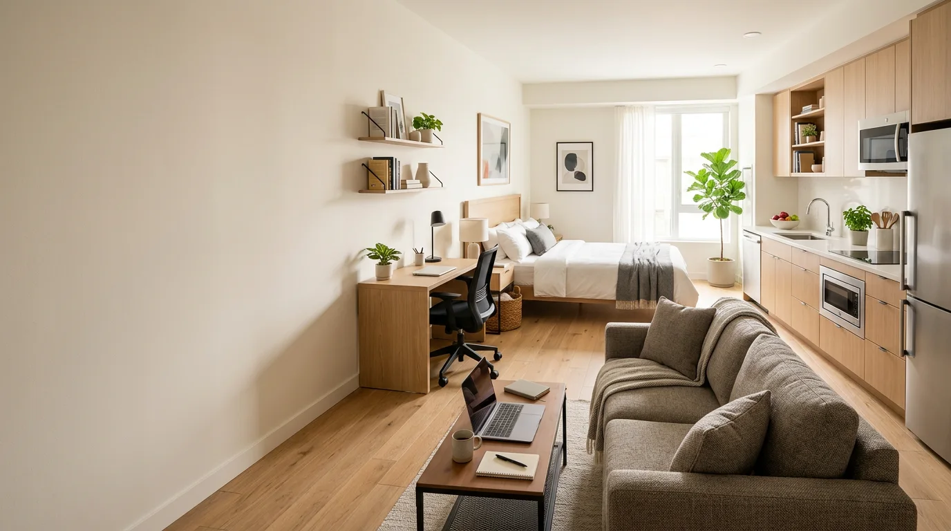 Extended-stay studio suite with a sofa, work desk, bed and kitchenette