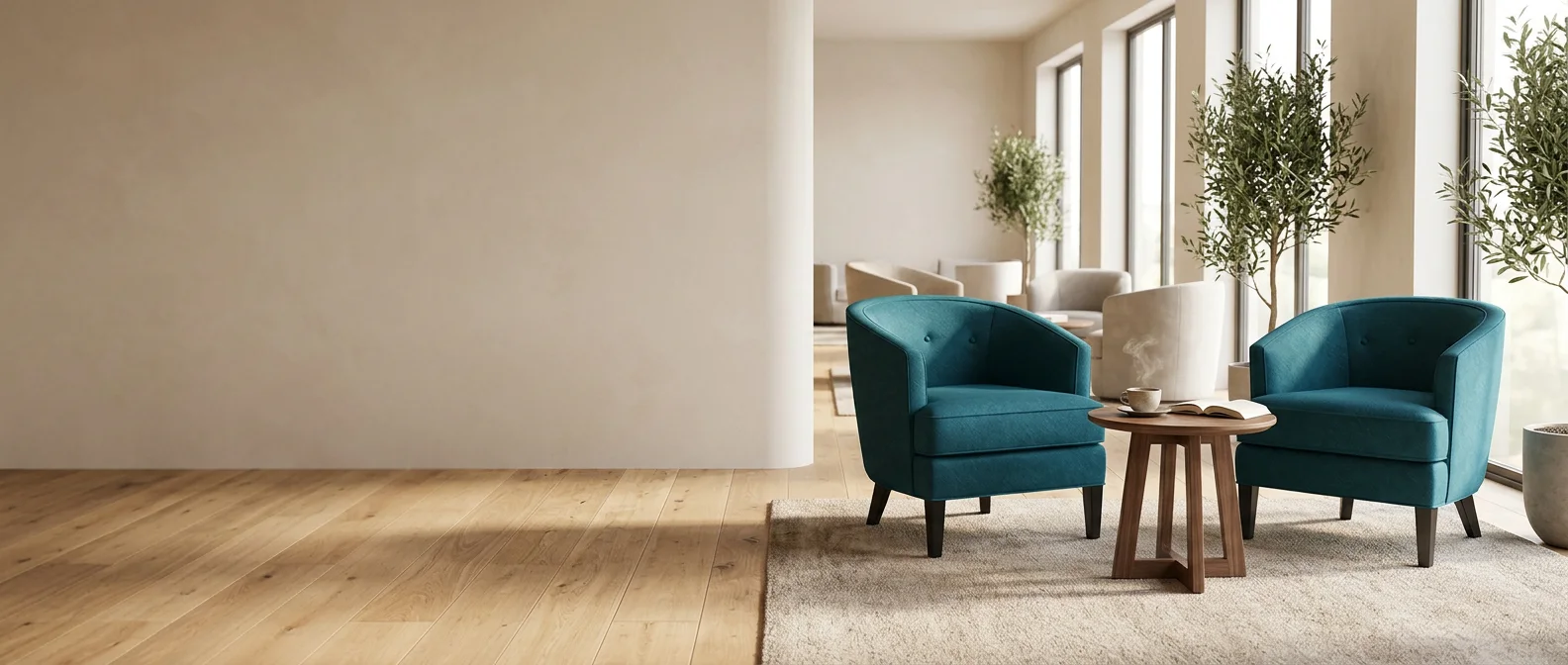 Two teal Vivian lounge chairs around a side table in a bright hotel lobby