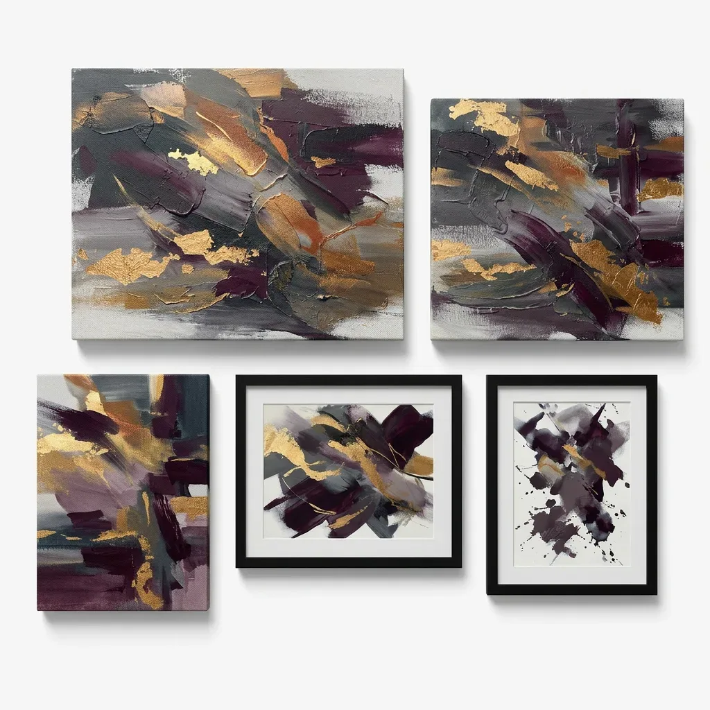 Gallery wall of canvases and framed prints in five different sizes and shapes