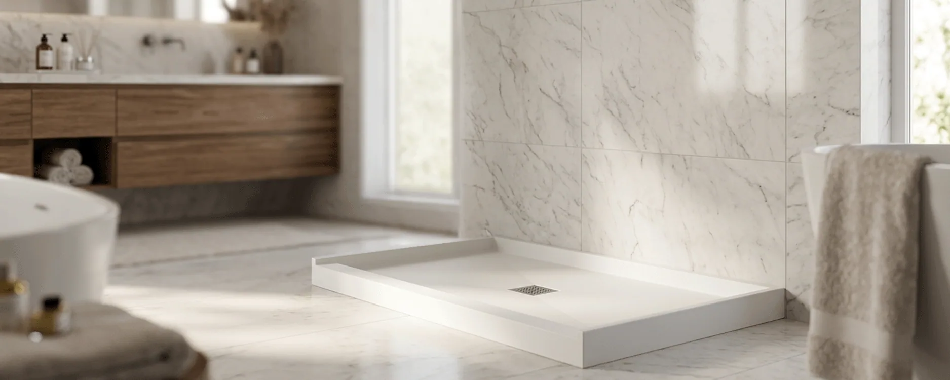 Hotel bathroom with a walk-in shower and solid-surface base