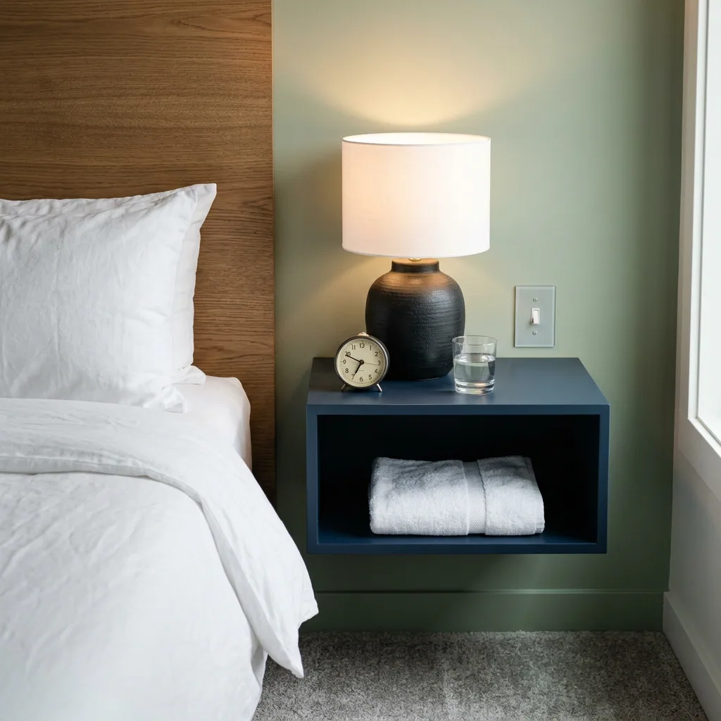 Floating hotel night table with integrated power by Nerval