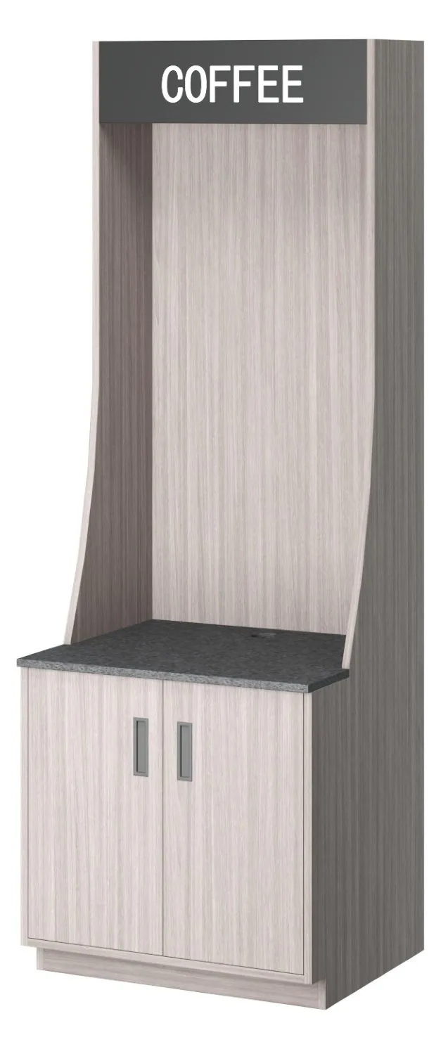 MM1 Coffee bay — curved-back station with stone counter and base cabinet