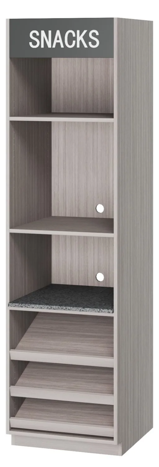 MM5 Snacks bay — adjustable upper shelves over angled gravity-feed rows