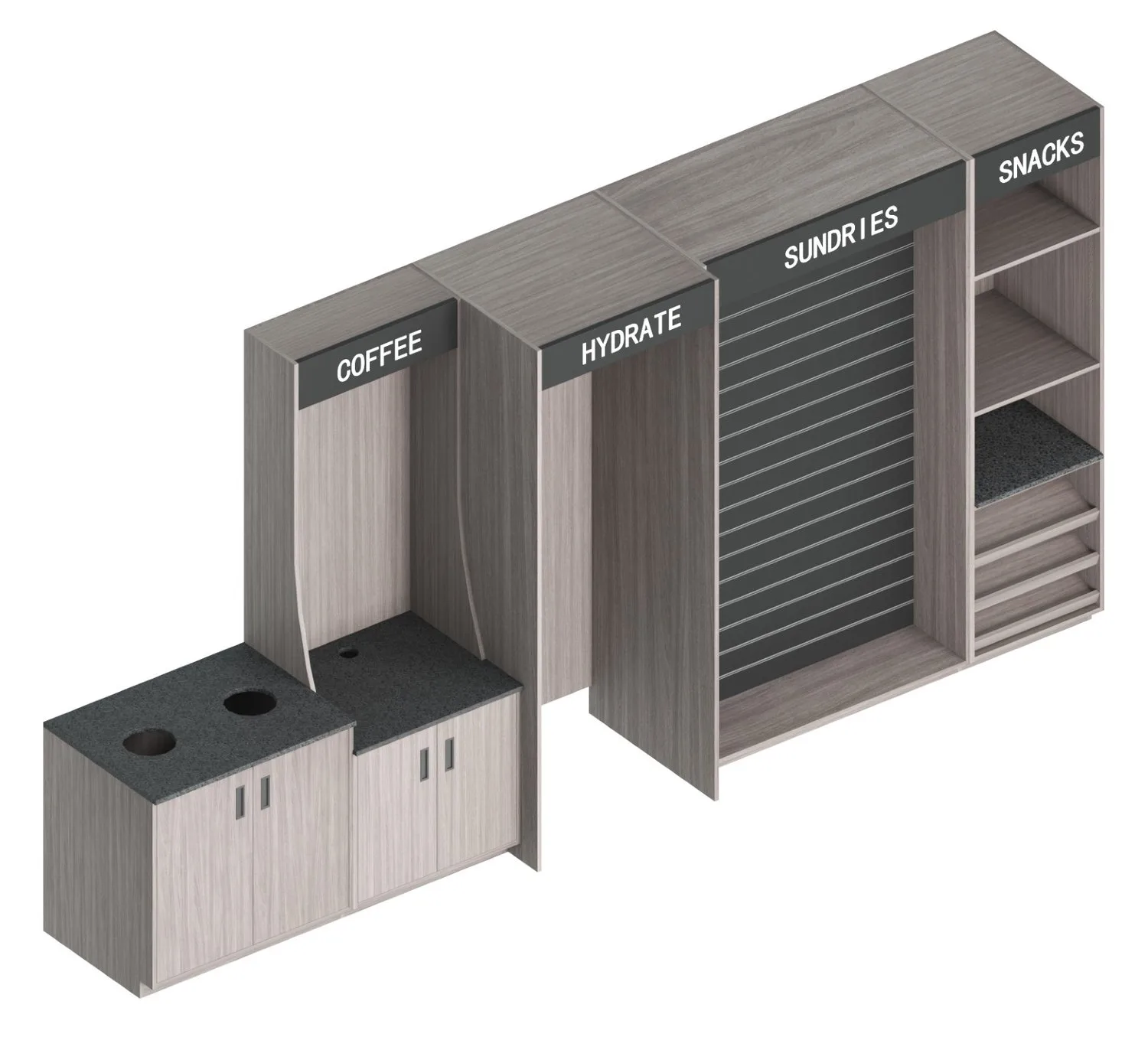 Isometric render of the full Nerval micro market run — coffee, hydrate, sundries and snacks bays with base counters