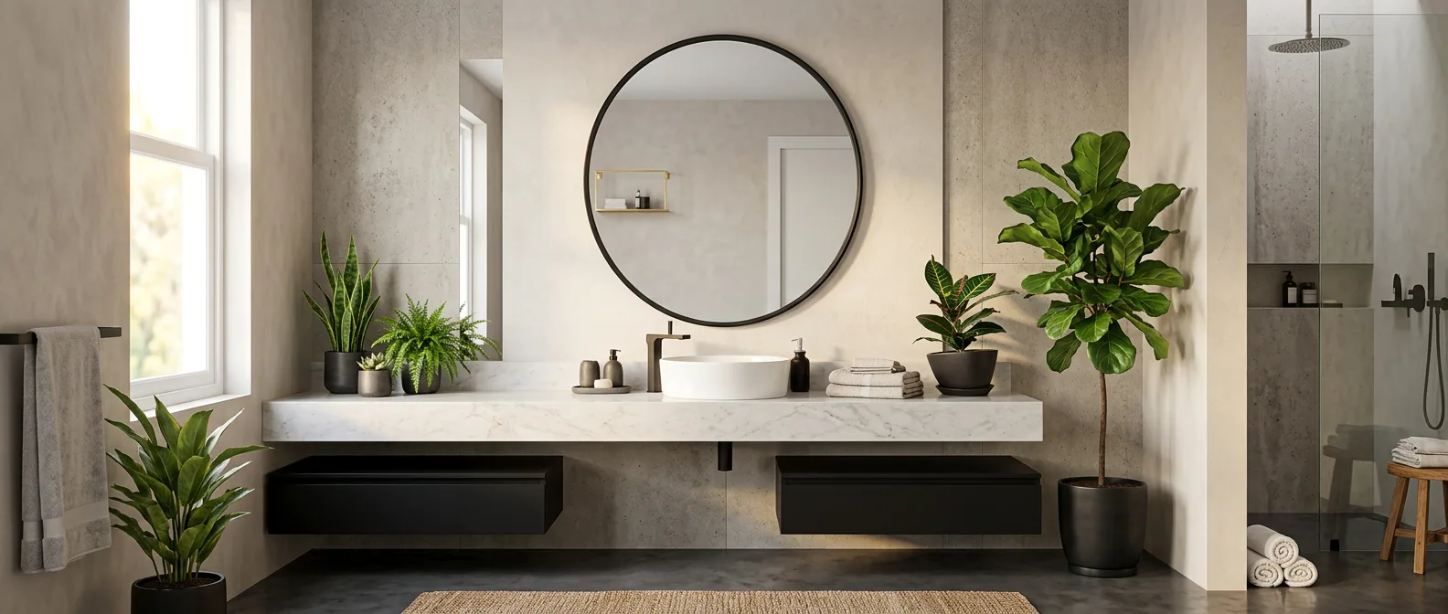Modern bathroom with a large round black-framed mirror over a double vanity