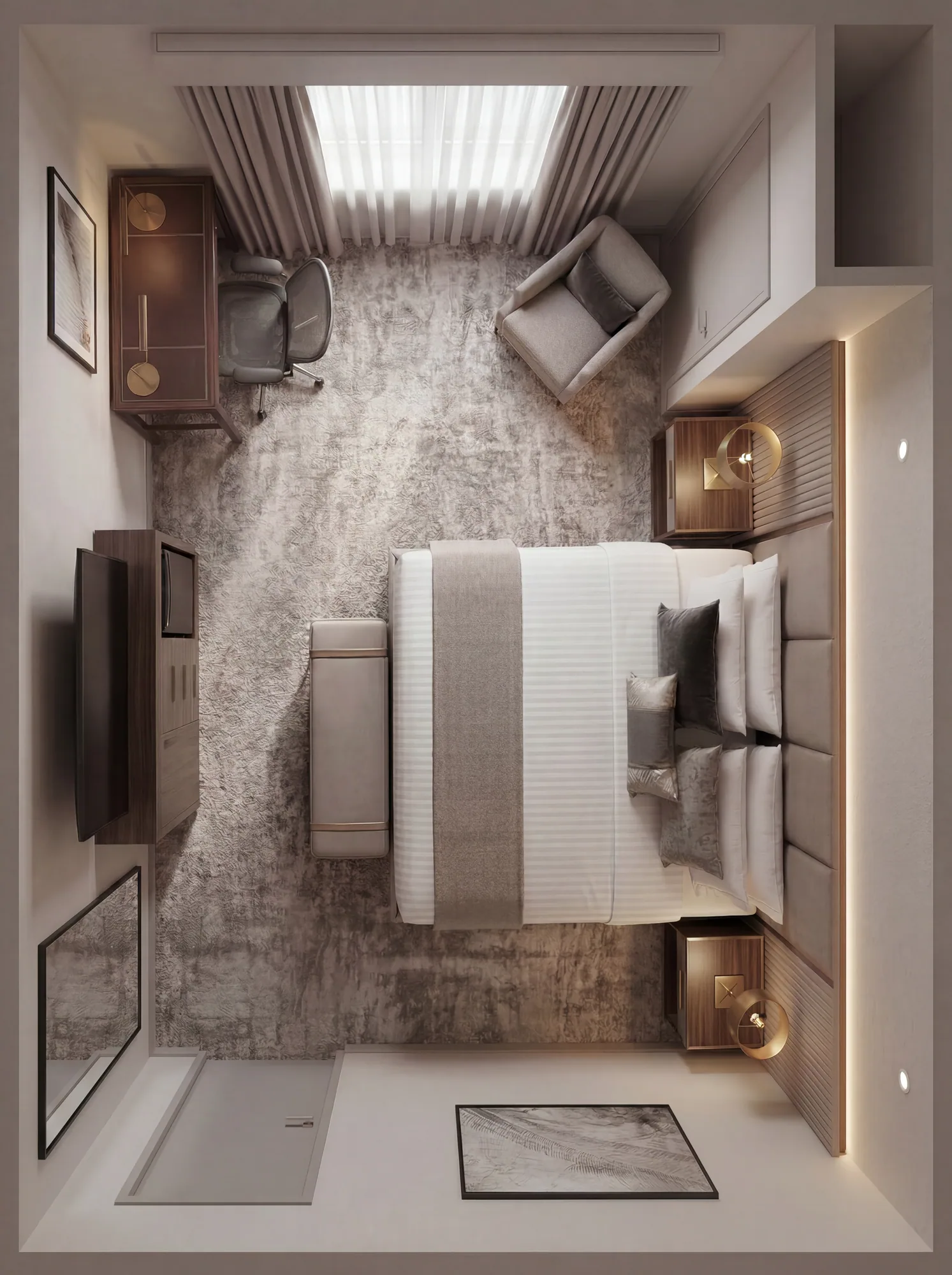 Hotel guestroom aerial view — FF&E by Nerval Corp