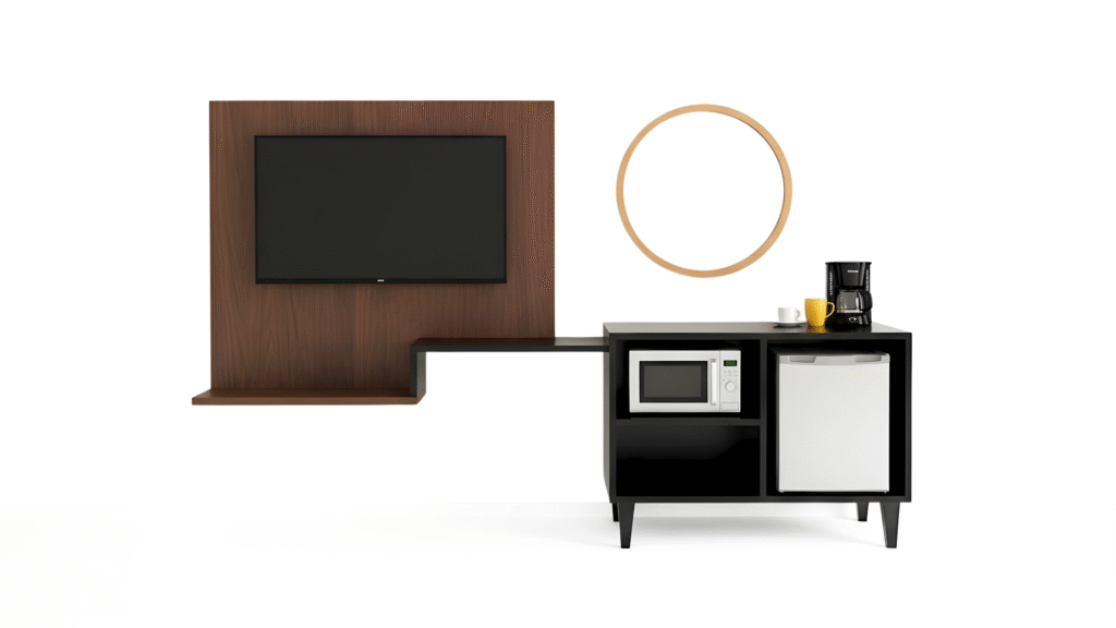 Hospitality casegoods including media panel, desk extension, minibar cabinet, and storage unit designed for durable and functional hotel guest rooms.