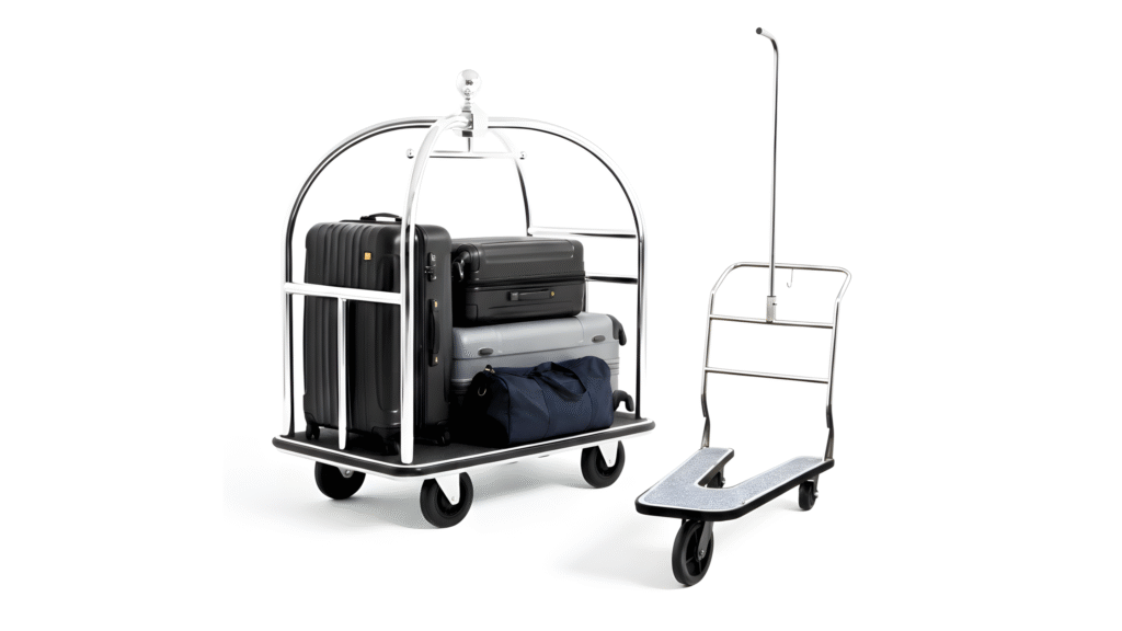 Hospitality essentials including luggage carts and guest service equipment, representing functional solutions for hotel operations and guest arrival experience.
