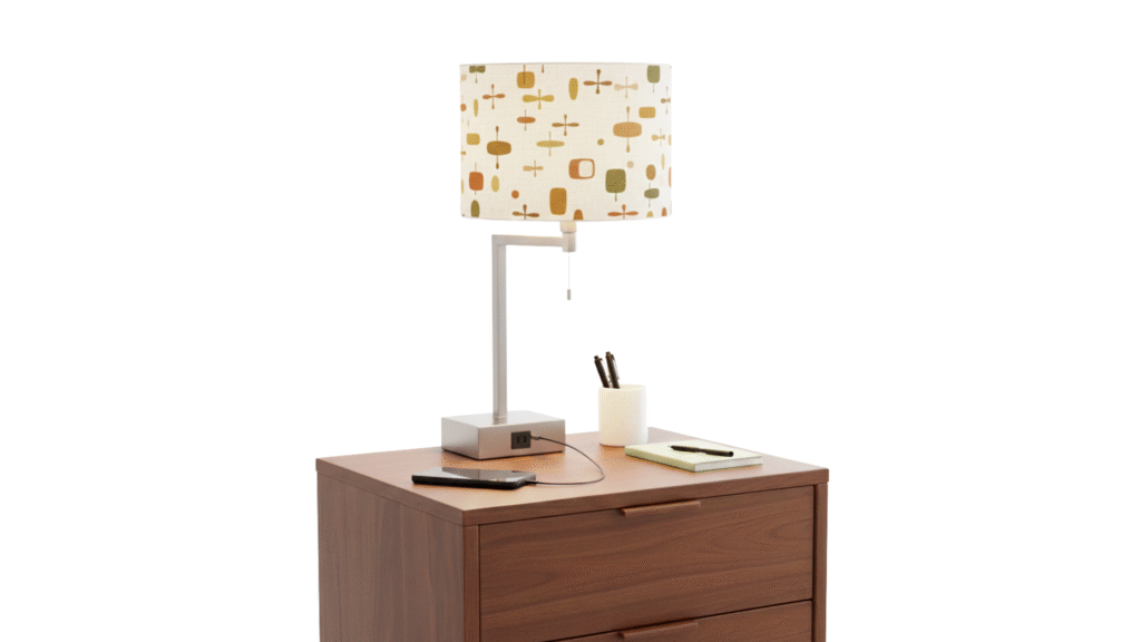 Hospitality lighting solutions featuring a hotel guestroom table lamp with ambient illumination and integrated power, representing bedside, desk, and decorative lighting options.