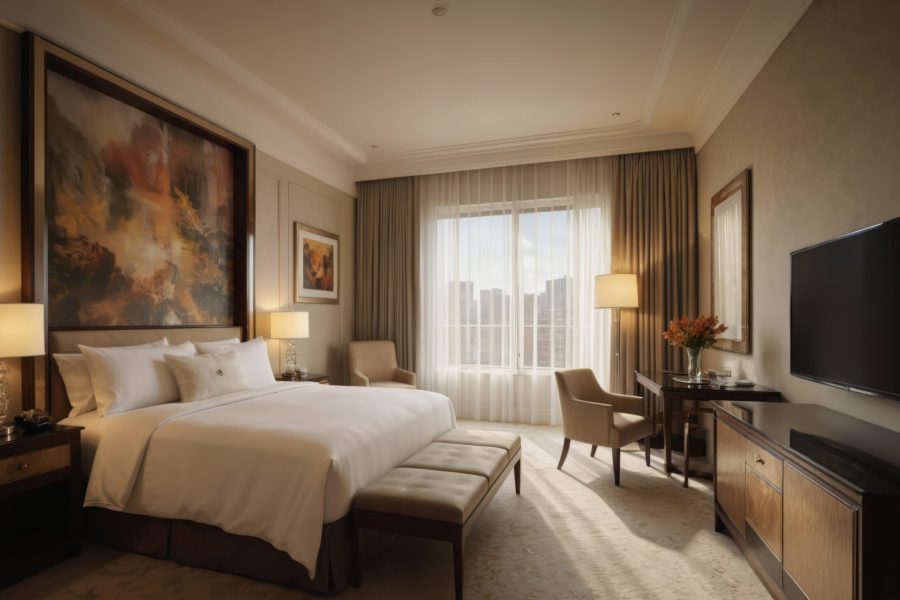 Luxurious hotel room bathed in natural sunlight. Features elegant decor, plush bedding, comfortable seating, cityscape view through sheer curtains. Offers serene ambience for relaxation, upscale Luxurious hotel room bathed in natural sunlight. Features elegant decor, plush bedding, comfortable seating, cityscape view through sheer curtains. Offers serene ambience for relaxation upscale